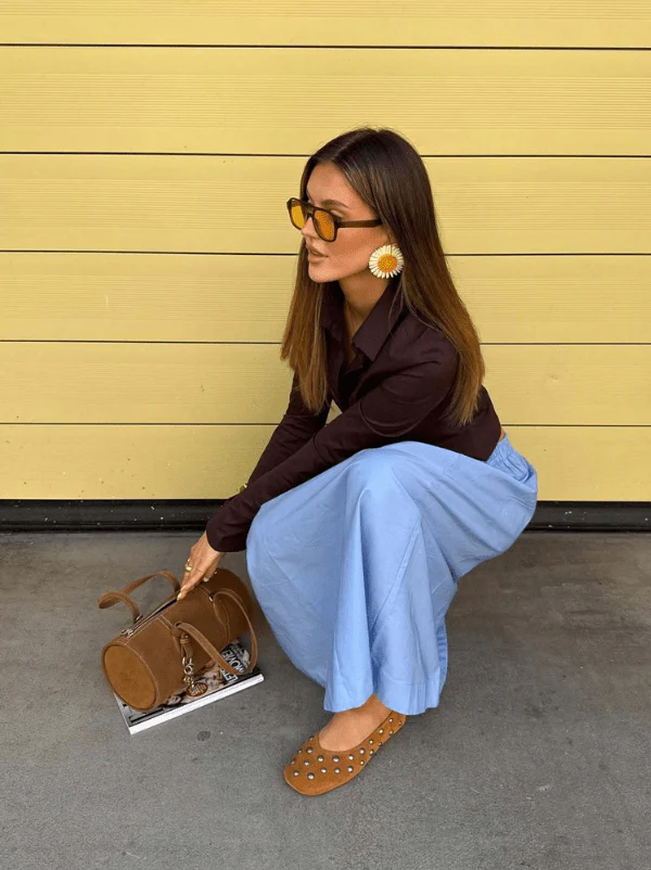 BROWN LEATHER BALLET FLATS WITH STUDS - MATHILDA
