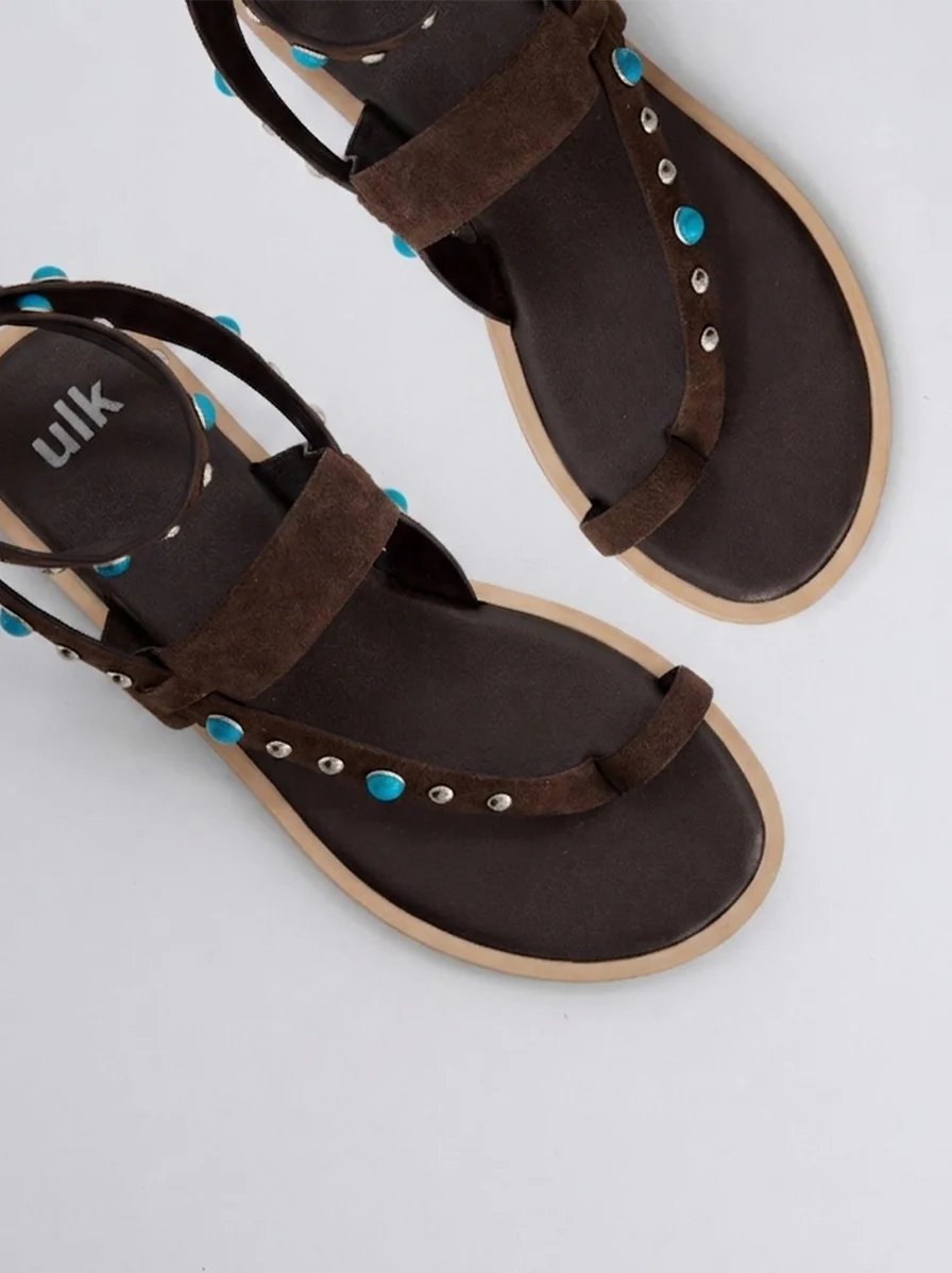 TURQUOISE-STUDDED LEATHER FLAT SANDALS - POMAN - Image 3