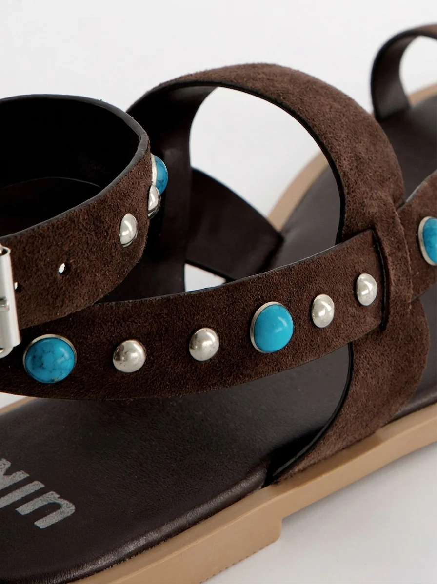 TURQUOISE-STUDDED LEATHER FLAT SANDALS - POMAN - Image 4