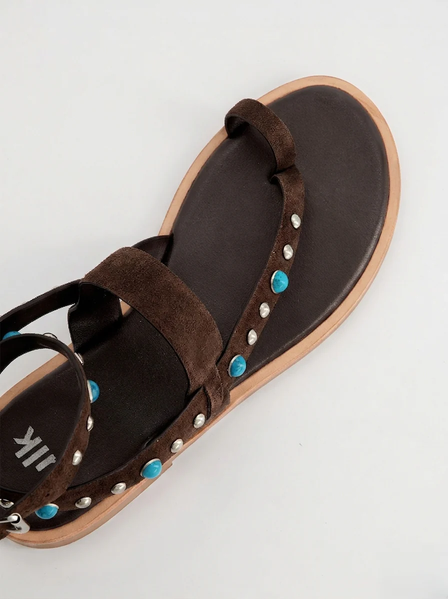 TURQUOISE-STUDDED LEATHER FLAT SANDALS - POMAN - Image 5